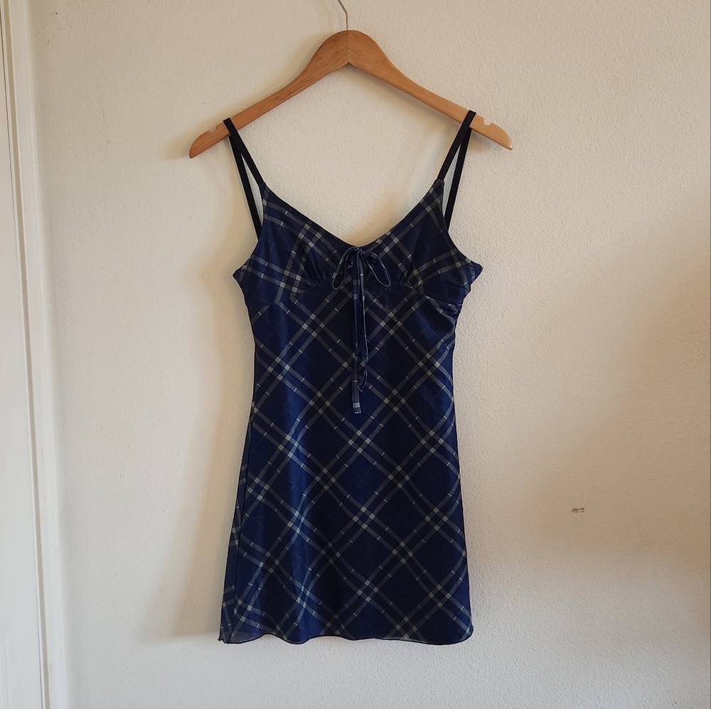 Navy blue and green gridded sleeveless mini dress with bow in the front - Picture 1 of 3